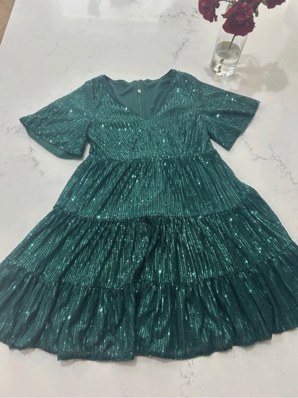 Emerald Green Sequin Mini Dress Womens Small V-Neck Short Sleeve Party Glam EUC